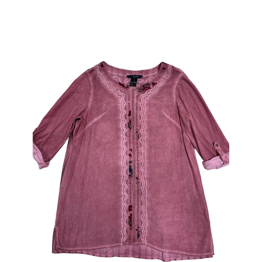Ali Miles Women's M Top Rose blush Embroidered Floral‎ Boho 3/4 Sleeve Artsy